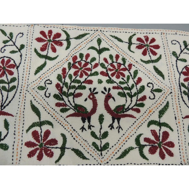 Red and Green Indian Embroidered Bolster Pillow with ties closure. Depicting flowers and peacocks. No insert. Size: 15"H x...