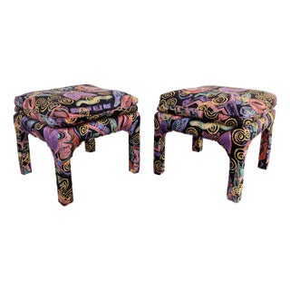 Vintage Abstract Upholstered Parsons Stools, a Pair For Sale