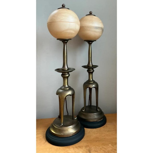 Alabaster Vintage Brass and Alabaster Table Lamps - Pair For Sale - Image 8 of 12