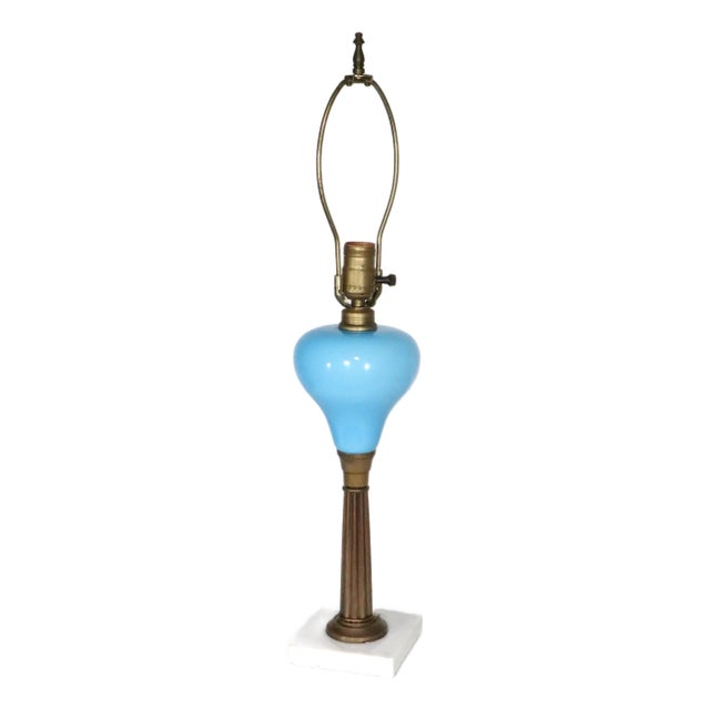 Early 20th Century Electrified Oil Lamp With French Blue Opaline Glass Font For Sale