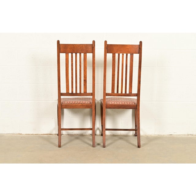 Wood Stickley Brothers Style Antique English Arts & Crafts Carved Oak High Back Dining Chairs, Set of Four For Sale - Image 7 of 8