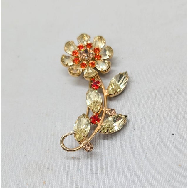 Metal Vintage 1950s Signed Kramer Ny Faux-Citrine Flower Brooch For Sale - Image 7 of 9