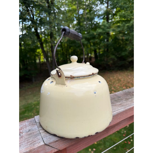 20th Century Rustic Enamel Yellow Tea Kettle Cottage Decor or Planter For Sale - Image 12 of 16