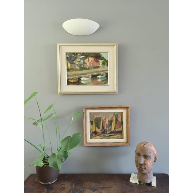 Mid-Century Modern 'Houses by the Canal' Swdish Expressionist Landscape Oil Painting, Framed For Sale - Image 4 of 12