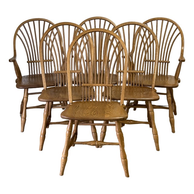 Late 20th Century Edrich Mills Handcrafted Oak Spindle Back Windsor Dining Chairs - Set of 6 For Sale