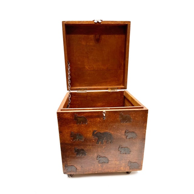 Mid-Century Modern Vintage Wooden Storage Box on Wheels With Metal Elephant Motifs For Sale - Image 3 of 4