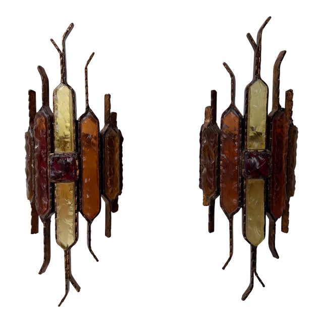 1970s Hammered Glass Wrought Iron Sconces by Longobard, Italy - a Pair For Sale