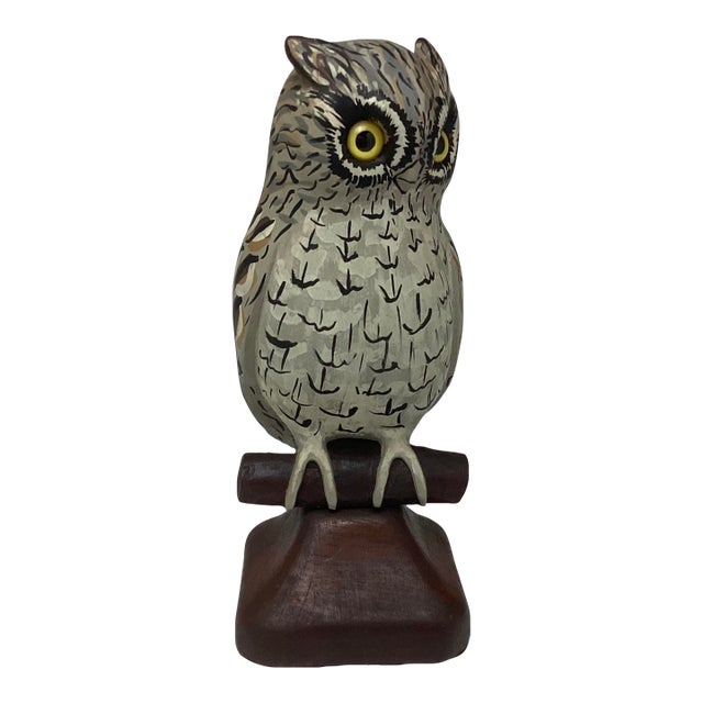 Mid 20th Century Amazing Hand Carved Hand Painted Folk Art Owl Sculpture For Sale