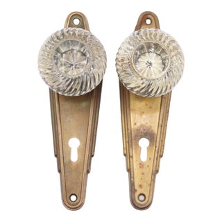Vintage Art Deco Clear Glass Brass Dummy Door Knob Set For Sale