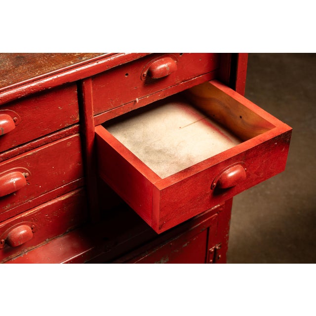 Red Vintage Industrial Wood and Steel Wheeled Workshop Cabinet For Sale - Image 8 of 11