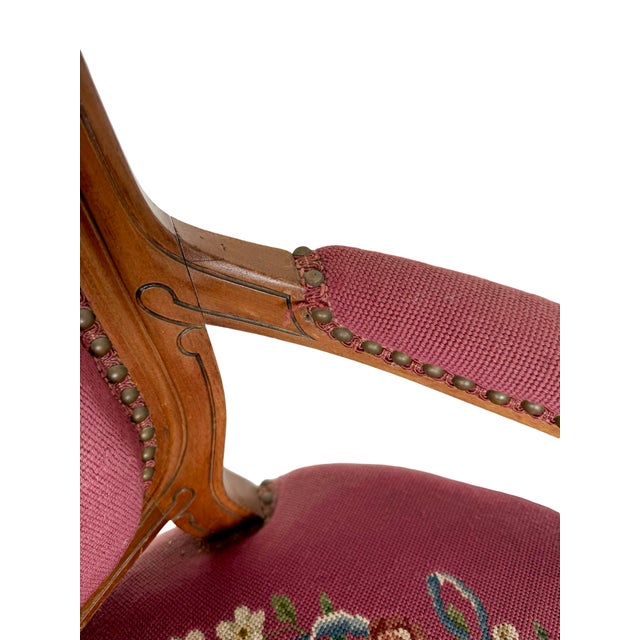 Vintage Renaissance Revival Carved Armchair With Burgundy Floral Upholstery For Sale - Image 13 of 18