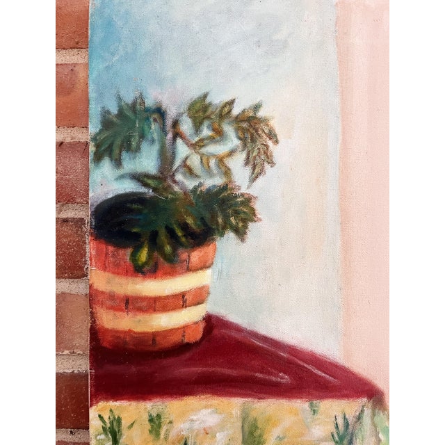 Vintage Portrait Painting of Woman Wearing a Floral Dress and Blue Hat For Sale - Image 6 of 7