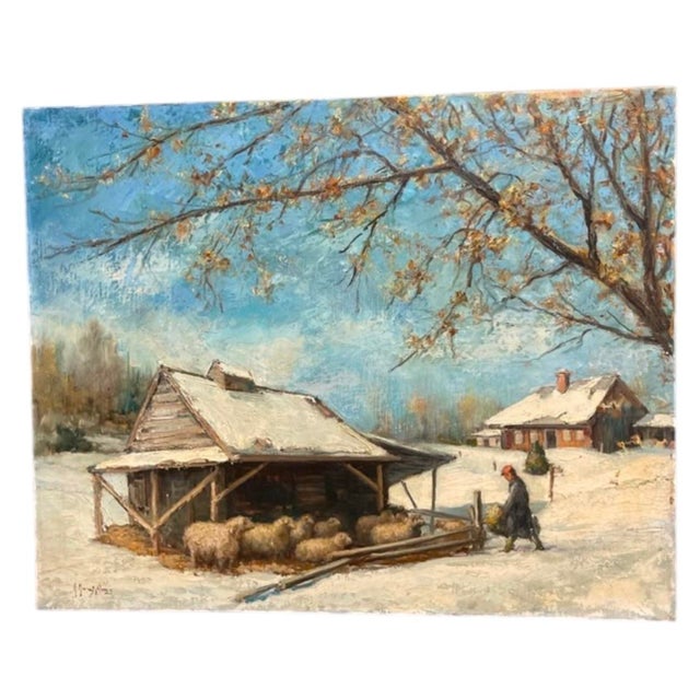 1960s Painting: Winter Countryside Scene With Livestock Barn For Sale - Image 9 of 12