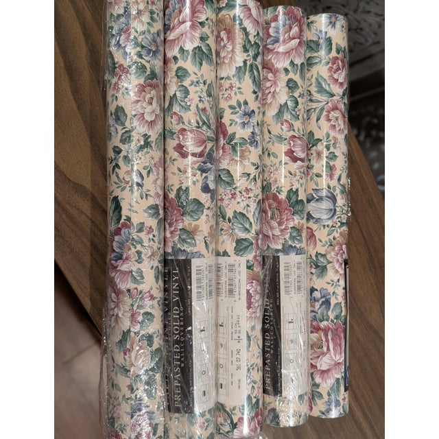 Plastic Vintage C 1990 Venilia “Mathe” Floral Wallpaper - 5 Matching Rolls, Same Dye Lot For Sale - Image 7 of 7