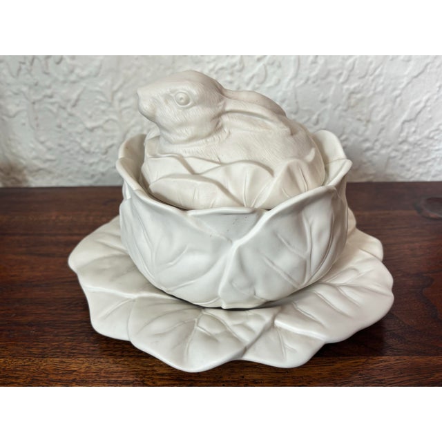 Late 20th Century White Bisque Porcelain Rabbit Cabbage Tureen on Plate Attributed to Bordallo Pinheiro For Sale - Image 10 of 10