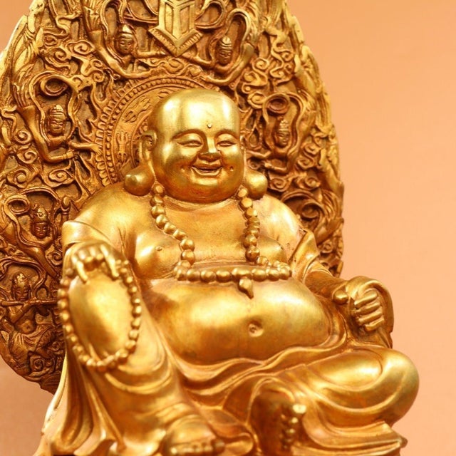 Metal Late 20th Century Gilded Bronze Laughing Buddha Statue on Lotus Throne For Sale - Image 7 of 9