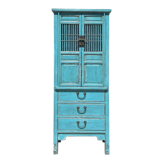 Distressed Aqua Blue Slim Wood Carving Shutter Doors Storage Cabinet For Sale