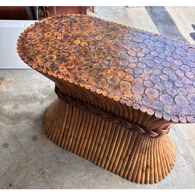 Mid 20th Century McGuire Refurbished Rattan Stacked “Sheaf of Wheat” Pedestal Table. Boasts a Thick 3/4 Inch Clear Glass Beveled Top. For Sale - Image 5 of 8