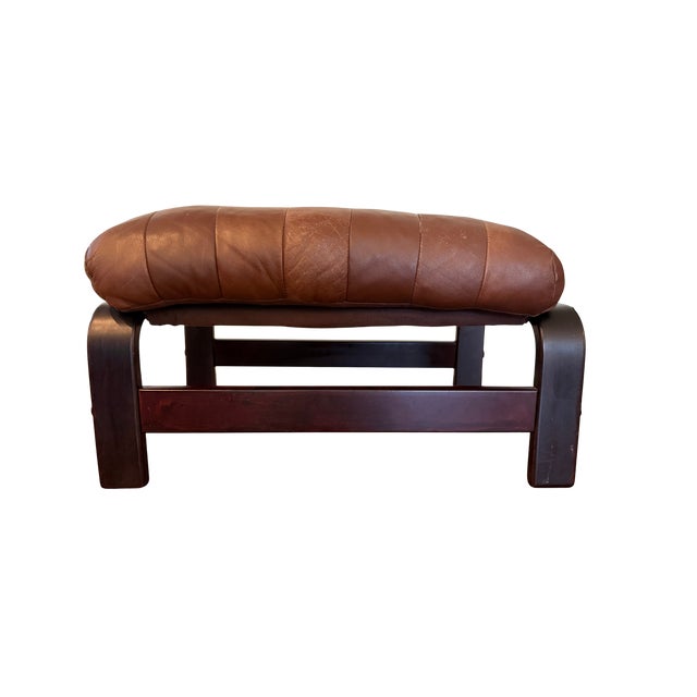 Late 20th Century Vintage Norwegian Leather Ottoman | Scandinavian Mid-Century Modern Bentwood & Sling Footstool | Ingmar Relling Style For Sale - Image 5 of 16