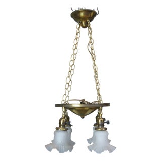 Antique Victorian Brass Ruffled Glass 4 Light Parlor Pendant Light Chandelier For Sale