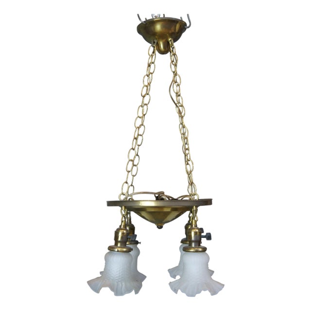 Antique Victorian Brass Ruffled Glass 4 Light Parlor Pendant Light Chandelier For Sale