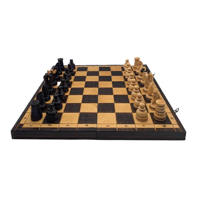 Campaign Vintage Polish Carved Wood Chess Set, 33-Piece Set For Sale - Image 3 of 10