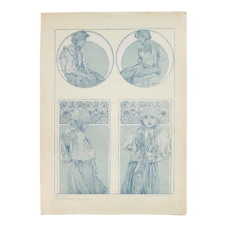 1905 French Art Nouveau Illustration - Alphonse Mucha, Girl With Flowers ('Figures Decoratives,' Plate #8) For Sale