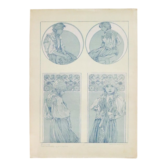 1905 French Art Nouveau Illustration - Alphonse Mucha, Girl With Flowers ('Figures Decoratives,' Plate #8) For Sale