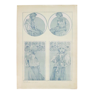 1905 French Art Nouveau Illustration - Alphonse Mucha, Girl With Flowers ('Figures Decoratives,' Plate #8)