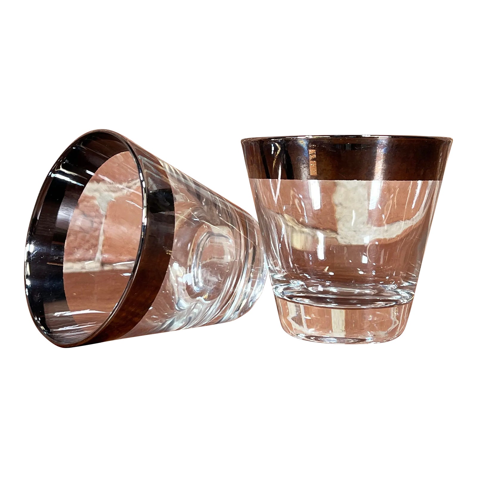 Mid Century Modern Dorothy Thorpe Silver Rimmed Whiskey Cocktail Glasses - a Pair