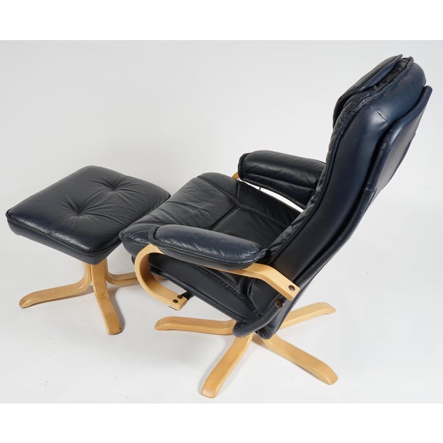 Mid-Century Modern Danish Design Leather Recliner and Swivel Armchair With Ottoman For Sale - Image 3 of 11