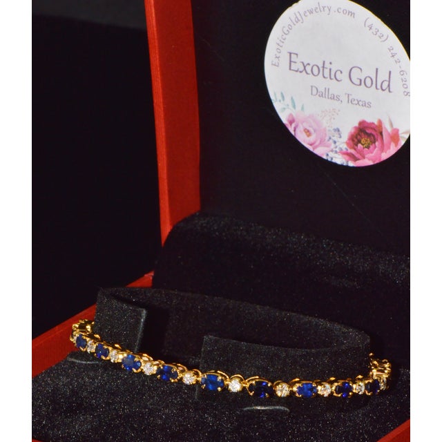 Certified Natural 7ct Blue Sapphire Diamond 18k Gold Tennis Stacking Bracelet For Sale - Image 16 of 16