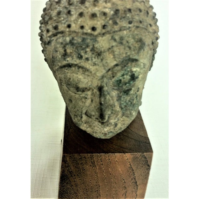Wood Mid 19th Century Bronze Buddha Head on Wood Stand For Sale - Image 7 of 10