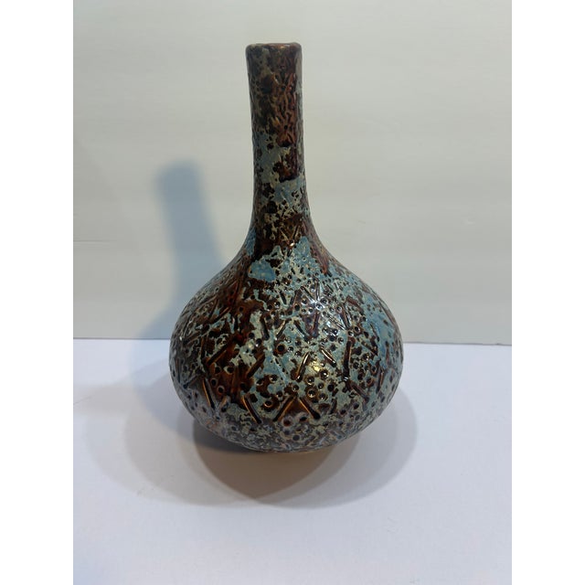 Teal Mid‑Century European Textured Ceramic Vase – Teal & Brown Volcanic Glaze For Sale - Image 8 of 16