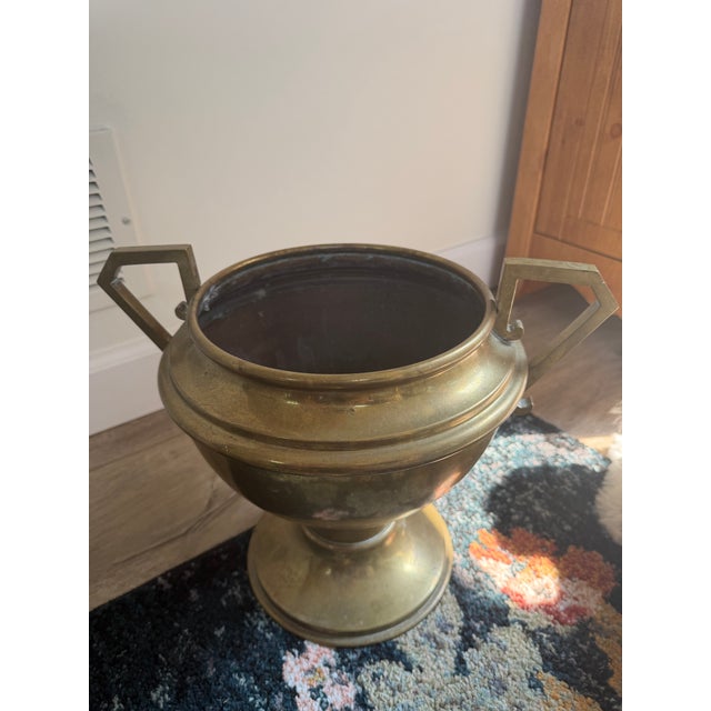 Vintage Neoclassical Solid Brass Pedestal Urn Planter With Geometric Handles For Sale - Image 4 of 9