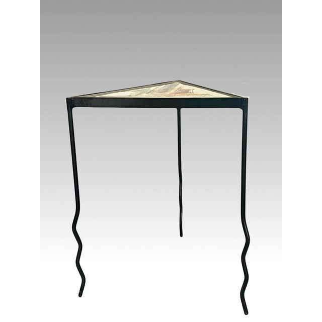 Memphis Movement Staropoli Triangular End Table With Abstract Colourful Ceramic Tile Top For Sale - Image 12 of 13