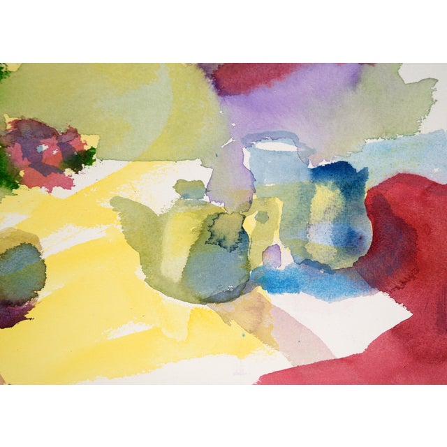 American Abstract Still Life With Roses and Coffee Set in Watercolor on Paper For Sale - Image 3 of 5