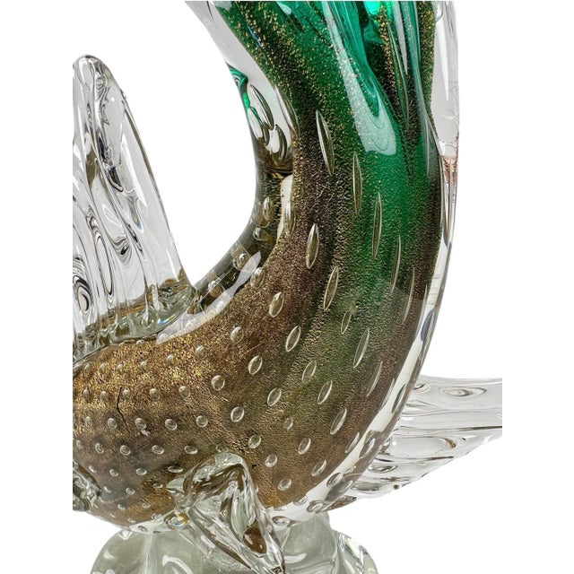 Glass Vintage Murano Sommerso Green Gold Flecks Bollicine Italian Bubble Glass Fish For Sale - Image 7 of 10