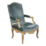 Quatrain for Dessin Fournir Louis XV Style Giltwood Fauteuil Arm Chair W Blue Silk Velvet For Sale