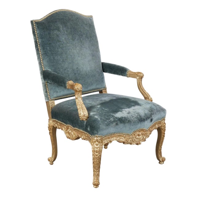 Quatrain for Dessin Fournir Louis XV Style Giltwood Fauteuil Arm Chair W Blue Silk Velvet For Sale