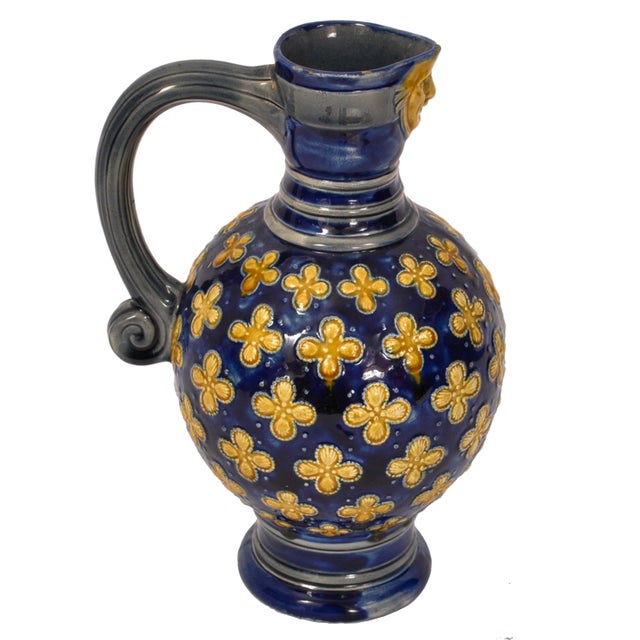 Ceramic Antique English Minton Majolica Pottery Blue Pottery Beer Jug Pitcher 1870 For Sale - Image 7 of 12