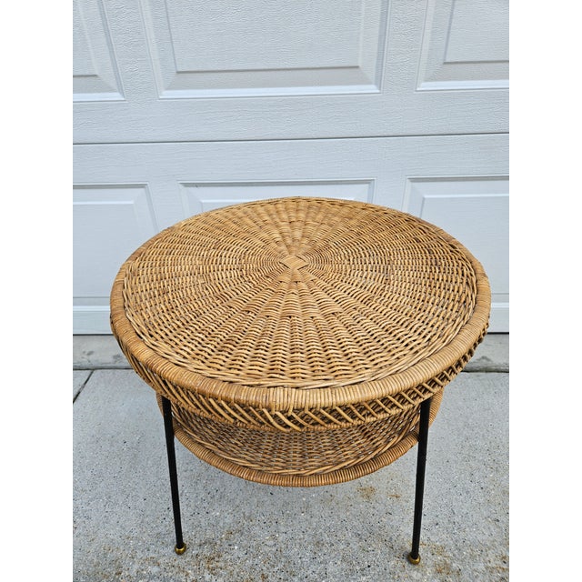 1960s 60s Round Wicker Rattan Side Table Brass Ball Feet For Sale - Image 5 of 14