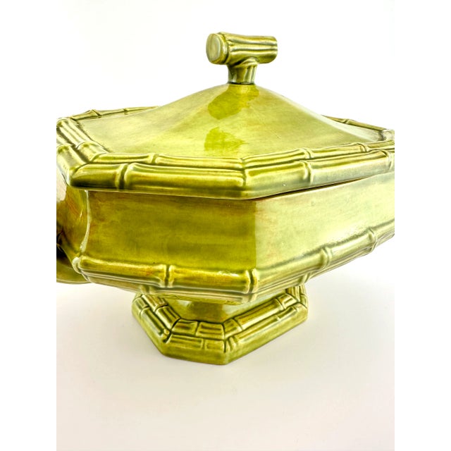 Vintage Opray Green Ceramic Bamboo Tureen With Lid and Ladle For Sale - Image 11 of 13