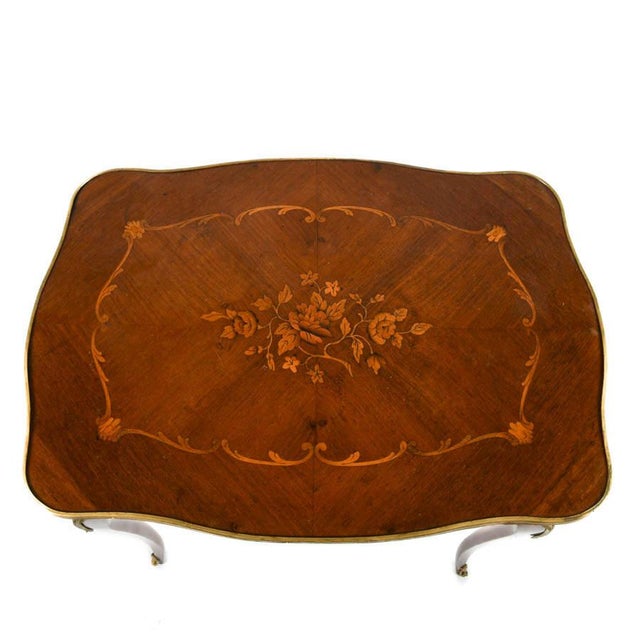 Early 20th Century Antique French Style Mahogany Marquetry Side Table With Ormolu Mounts For Sale - Image 5 of 6