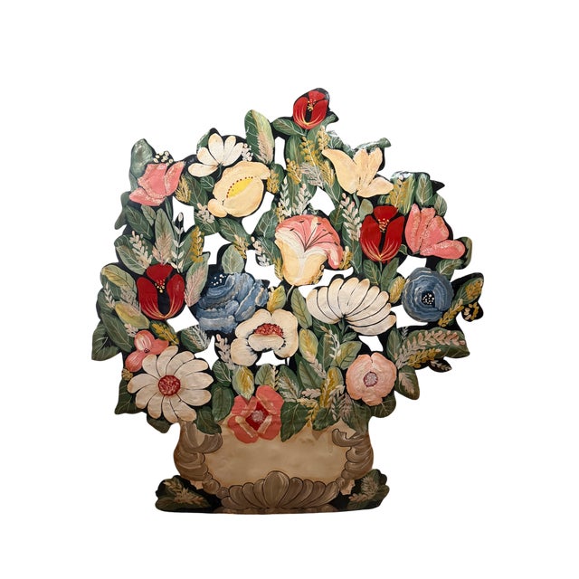 Vintage Folk Art Hand-Painted Tole Floral Fireplace Screen For Sale - Image 10 of 13