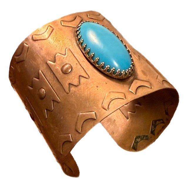 Boho Etched Copper Cuff With Turquoise Stone For Sale