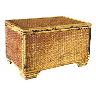 Vintage Tortoiseshell Bamboo & Woven Rattan Lidded Storage Box For Sale