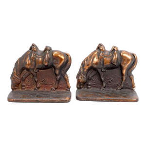 Pair of Cast Iron Riderless Iron Horse Bookends Copper Patina Circa 1930
