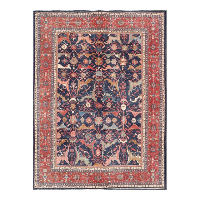 Large Persian Bidjar Rug With Navy Field and Red Border Floral Design For Sale