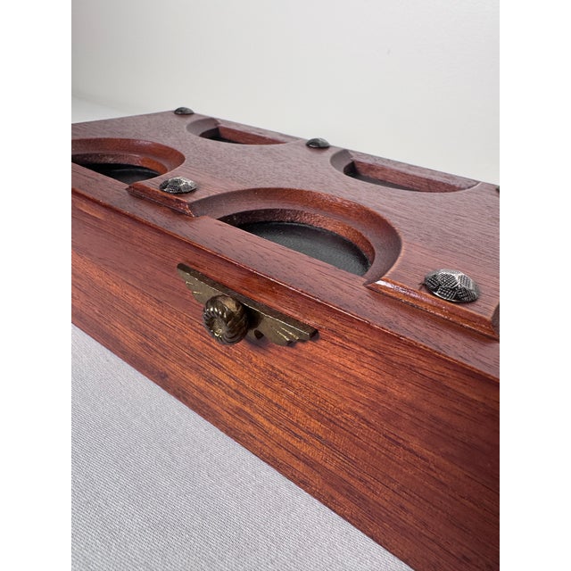 Mid-Century Modern 20thC. Mid Century Modern Japanese Black Leather, Brass Nails & Solid Cherry Wood Valet Lidded Box For Sale - Image 3 of 11